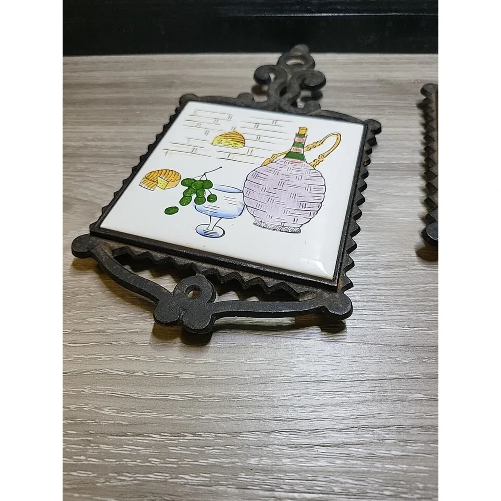 Set Of Two Vintage Trivets - Wine And Cheese Tiles